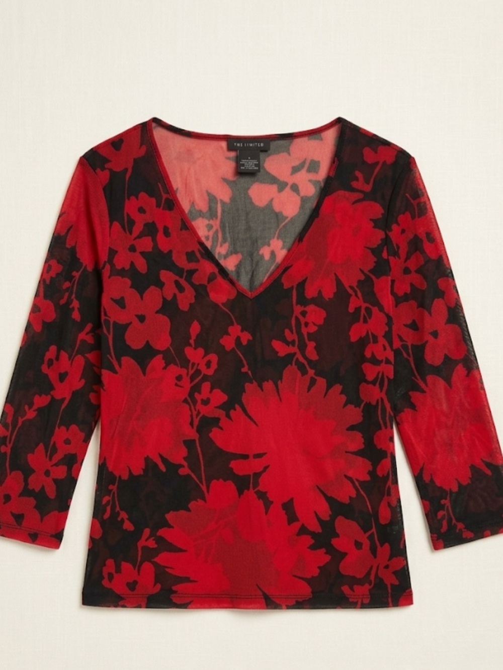 Vintage The Limited Red and Black Floral Mesh V-Neck Long Sleeve 90’s Top Size S
